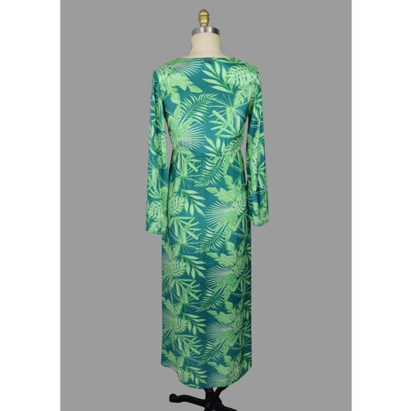 HONOLUA SURF CO. TROPICAL LEAVES PRINT SILKY GREEN MAXI DRESS - Picture 6 of 9